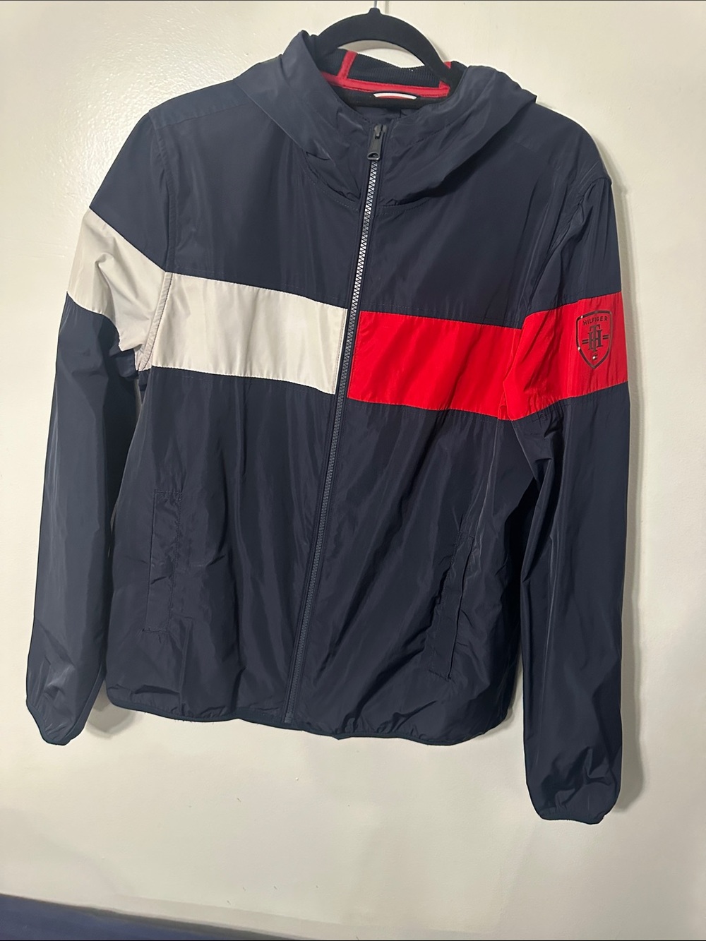 Tommy Hilfiger Navy Windbreaker with Red & White Stripes